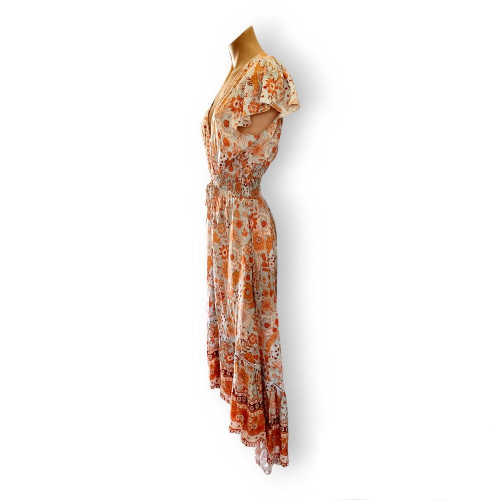 Honey Bunch blue orange + tan floral print high-low boho maxi dress fits AU 8-14 - Picture 4 of 15